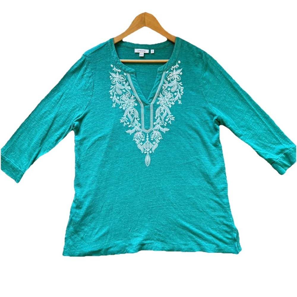 Chico's 100% Linen Embroidered Tunic Top 3/4 Sleeve Women's Large/ 2 Teal